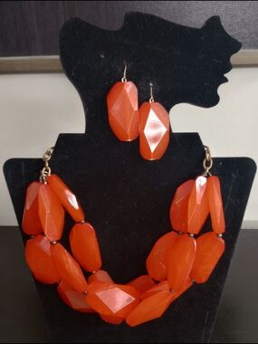 Bold Orange Faceted Statement Bead Necklace & Earring Set!.